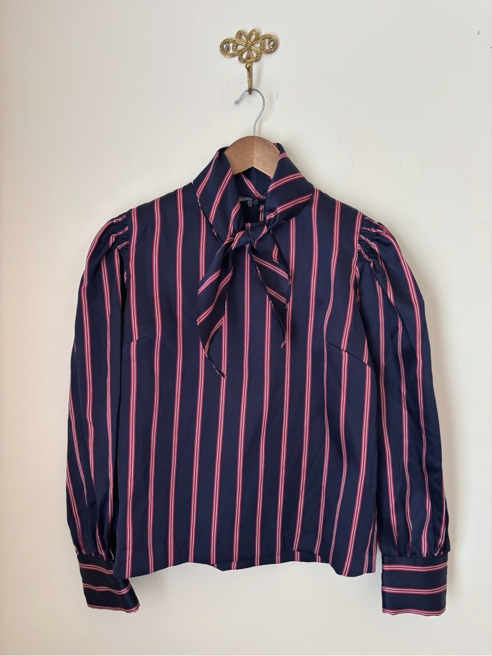Sandro Navy Blue Striped Satin Twill Tie Neck Zoe Blouse Sz 1 US Small